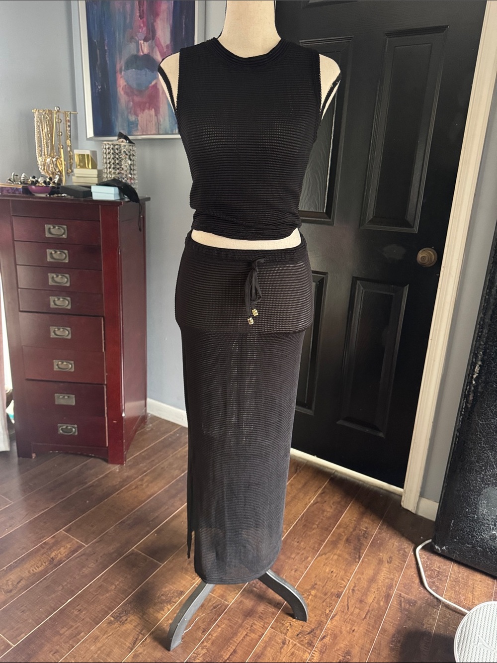 Women's Black Knit 2 piece Drawstring Maxi Skirt — resort wear cover up 🖤